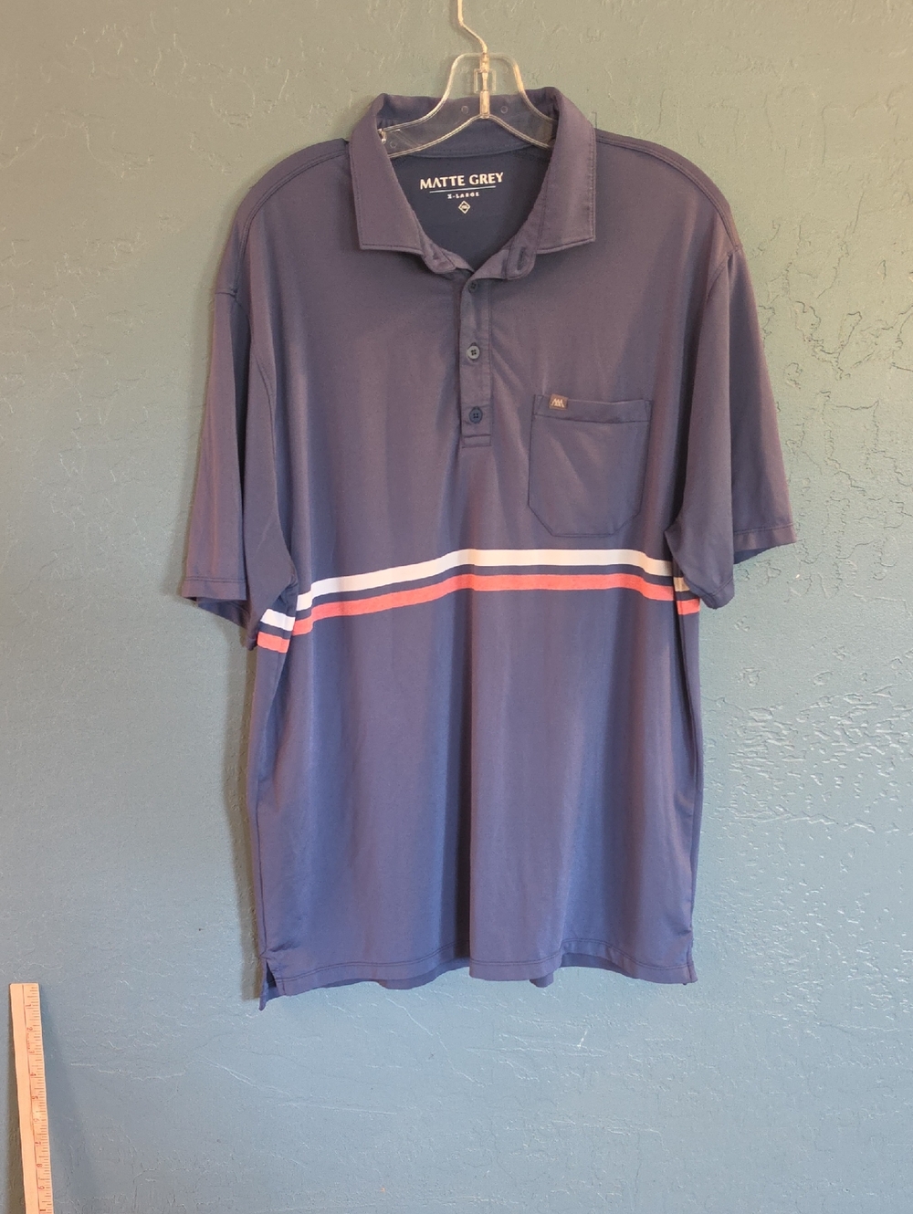 Matte Grey Men's Blue Performance Polo with Pink and White Stripe